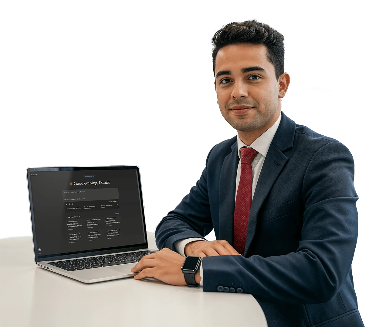 Abogado usando la inteligencia artificial Claude Pro en su laptop